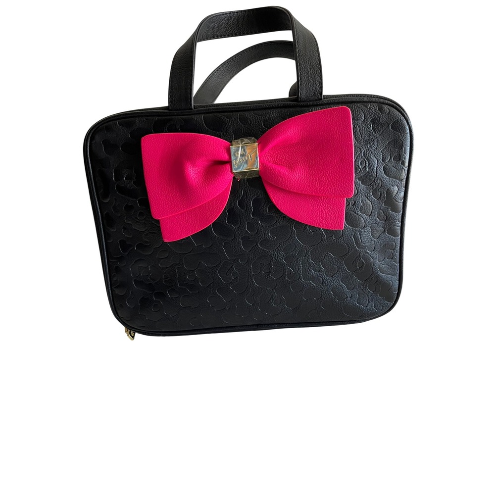 Betsey Johnson Black Leopard Pink Bow Cosmetic Travel Bag Makeup Organizer